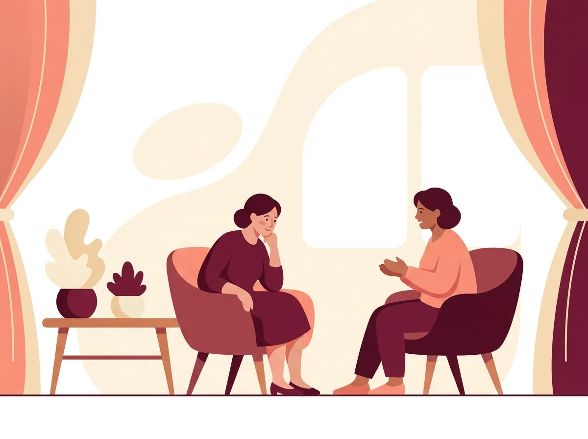 Ilustração: duas mulheres conversando sentadas, uma escutando com atenção