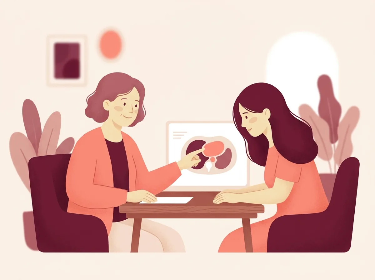 Ilustração: médica explicando uma imagem de exame para a paciente ao lado