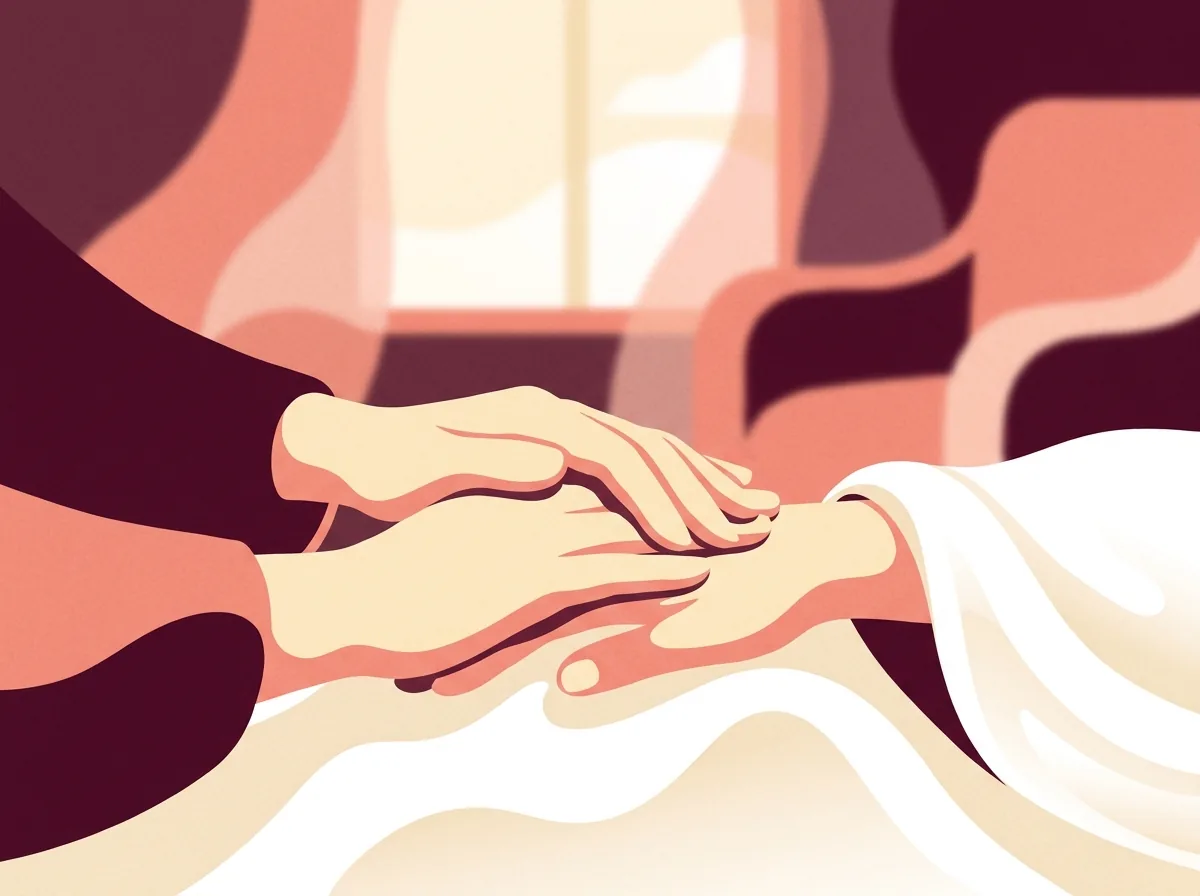 Ilustração: mãos acolhendo outra mão, gesto de segurança antes de um procedimento