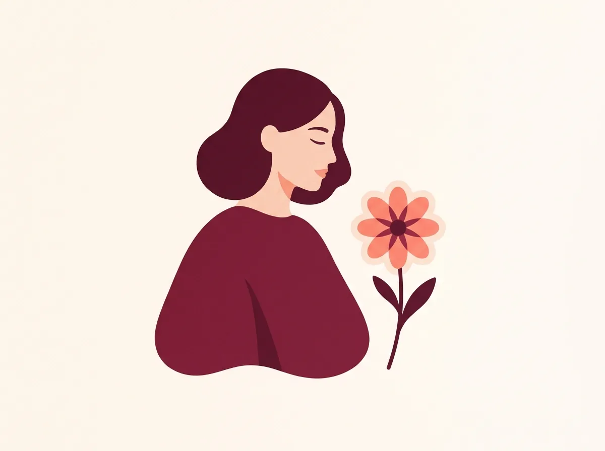 Ilustração: mulher de perfil, serena, ao lado de uma flor